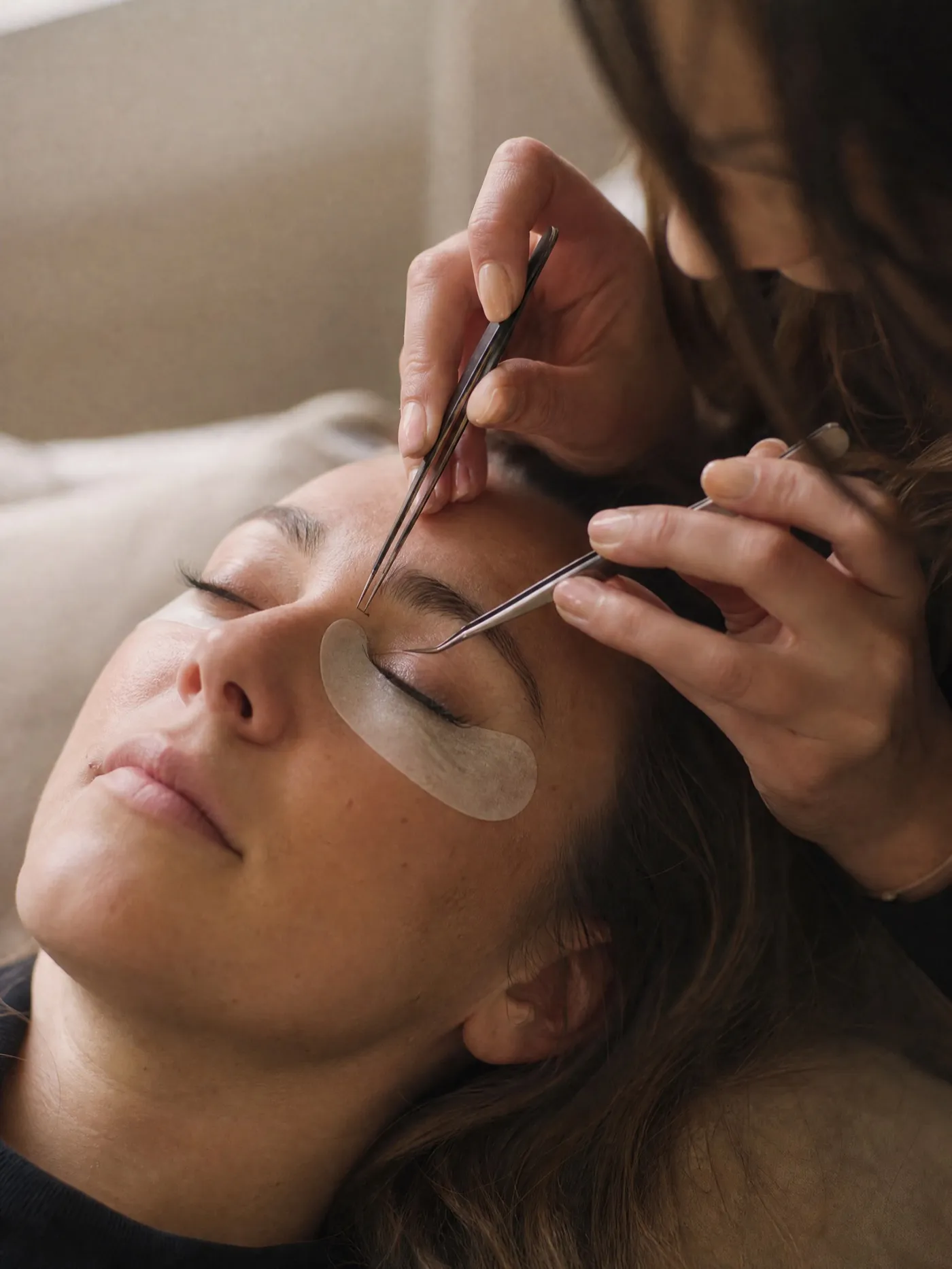 Wimpernstylistin arbeitet konzentriert mit zwei feinen Pinzetten